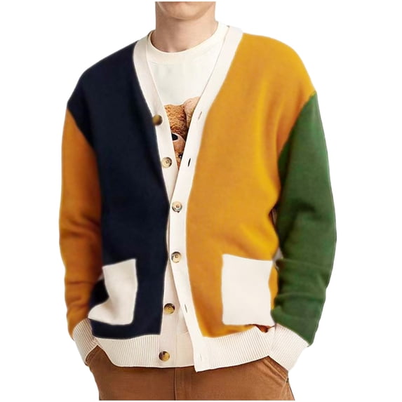 Qunyiney Men's Sweaters Fall Yellow Cardigan Colorblock Casual Loose V-Neck Long Sleeve with Pocket Button Down Sweaters