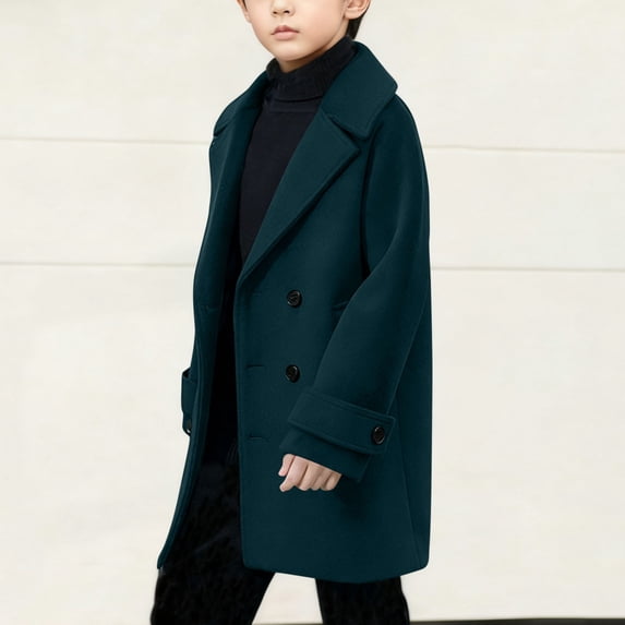 Qunyiney Mid-Length Boy Trench Coat Mid-Length Double Breasted Tweed Outerwear Solid Color Notch Lapel with Pockets Long Sleeve Jacket Boys Green 11 Years