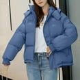thumbnail image 1 of Qunyiney Puffer Women Jacket Blue Casual Solid Zip Up Mid Weight Jacket Long Sleeve Short with Pocket Button Loose Hooded Jacket, 1 of 4