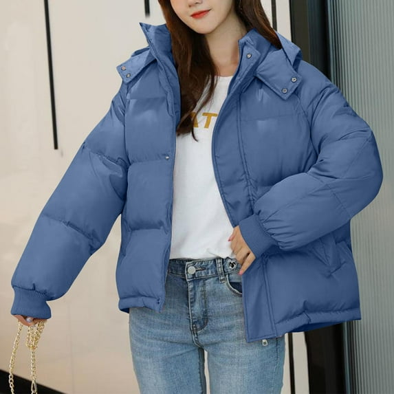 Qunyiney Puffer Women Jacket Blue Casual Solid Zip Up Mid Weight Jacket Long Sleeve Short with Pocket Button Loose Hooded Jacket