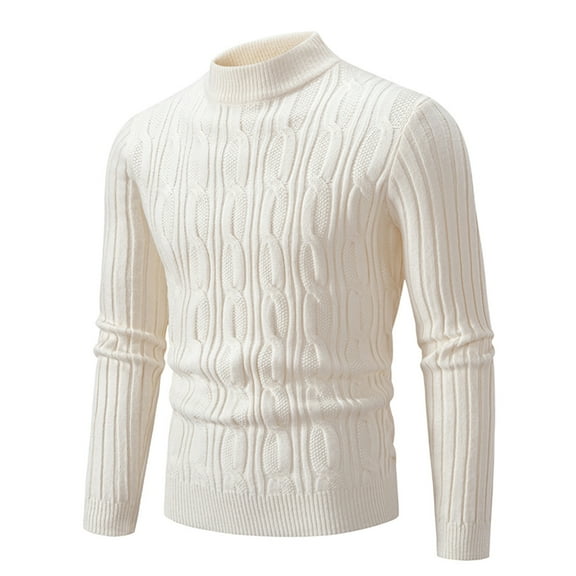 Qunyiney Pullover Men Sweater Beige Solid Fall Casual Cable Knit Crew Neck Long Sleeve Slim Sweaters