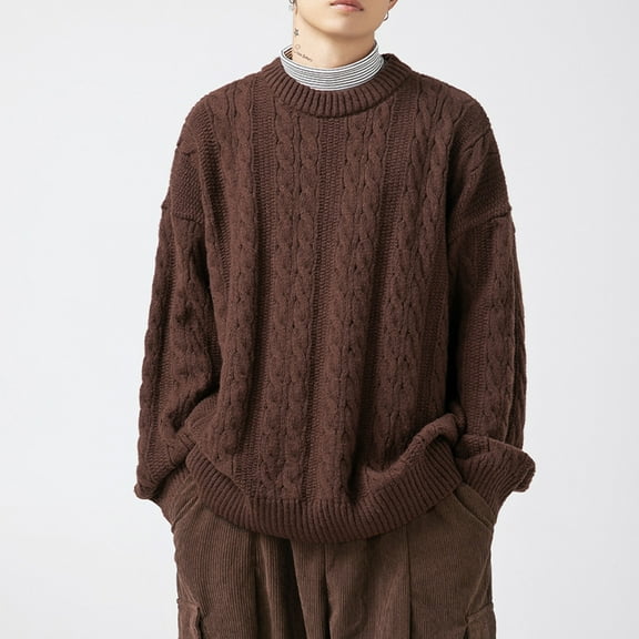 Qunyiney Pullover Men's Sweaters Winter Solid Brown Casual Thicken Crew Neck Long Sleeve Loose Cable Knit Sweaters
