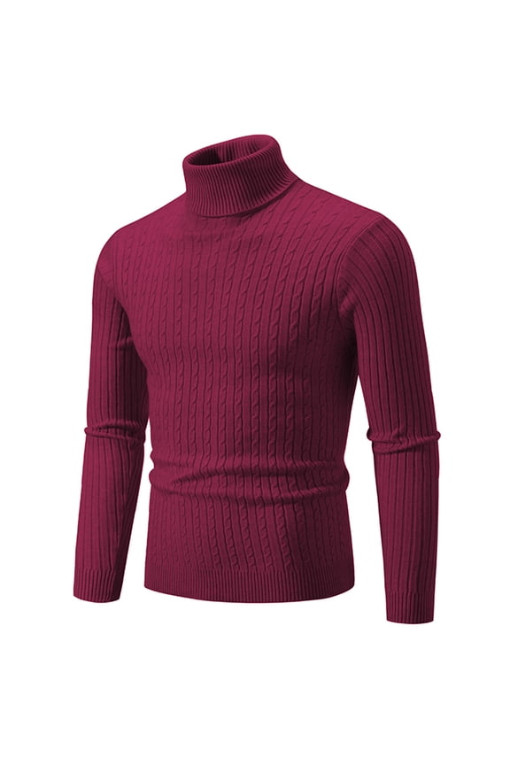 Red Mens Sweaters Solid Pullover Winter Casual Ribbed Knit Turtleneck Stretchy Slim Long Sleeve Sweaters