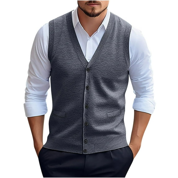 Qunyiney Solid Men's Sweater Vests Fall Gray Cardigan Casual Slim V-Neck Knit Sleeveless Button Down Sweater Vests