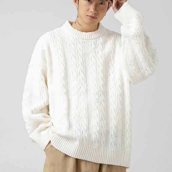 Qunyiney Solid Sweater for Men White Winter Pullover Casual Loose Long Sleeve Thicken Crew Neck Cable Knit Sweaters