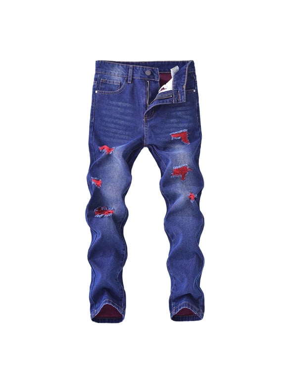 Straight Leg Boy Jeans Stretch Ripped Denim Pants Slim Fit with Pockets Destroyed Jeans Size 5