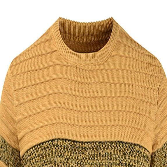 Qunyiney Striped Men Sweater Fall Pullover Yellow Casual Loose Long Sleeve Ribbed Knit Crew Neck Sweaters