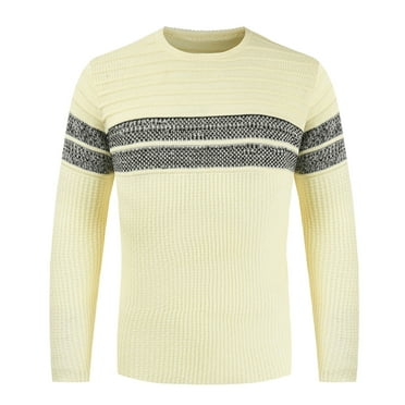 Qunyiney Striped Sweaters for Men Pullover Beige Fall Casual Long Sleeve Crew Neck Ribbed Knit Loose Sweaters
