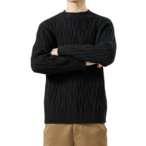 Qunyiney Sweater for Men Pullover Black Winter Solid Casual Crew Neck Cable Knit Long Sleeve Loose Sweaters