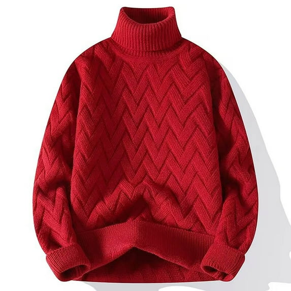 Qunyiney Sweater for Men Solid Red Winter Pullover Casual Cable Knit Turtleneck Long Sleeve Regular Sweaters