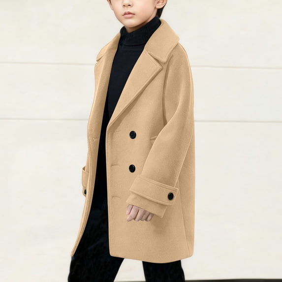 Qunyiney Tweed Boy'S Trench Coats Double Breasted Mid-Length Mid-Length Overcoat Notch Lapel with Pockets Long Sleeve Solid Color Boys Jacket Yellow 12 Years