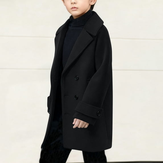 Qunyiney Tweed Boy'S Trench Coats Mid-Length Double Breasted Black Outerwear Mid-Length with Pockets Long Sleeve Notch Lapel Jacket Boys 2 Years