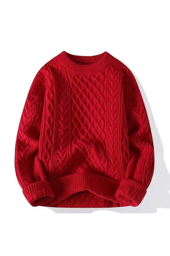 Winter Men's Sweaters Pullover Solid Red Casual Loose Warm Long Sleeve Chunky Crew Neck Sweaters