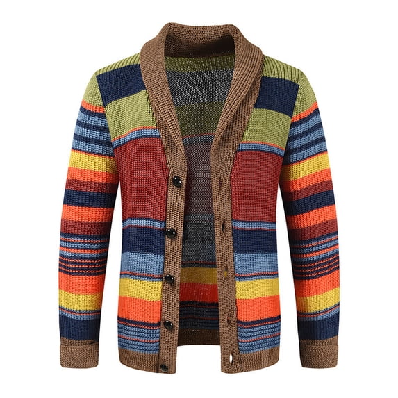 Qunyiney Winter Mens Sweater Cardigan Striped Pink Casual Ribbed Knit Collared Long Sleeve Regular Button Sweaters