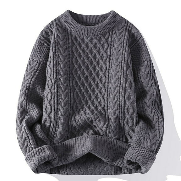 Qunyiney Winter Sweater Men Gray Pullover Solid Casual Warm Loose Long Sleeve Crew Neck Chunky Sweaters