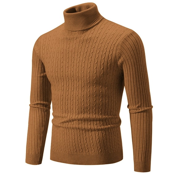Qunyiney Winter Sweater Men Pullover Brown Solid Casual Slim Ribbed Knit Turtleneck Long Sleeve Stretchy Sweaters
