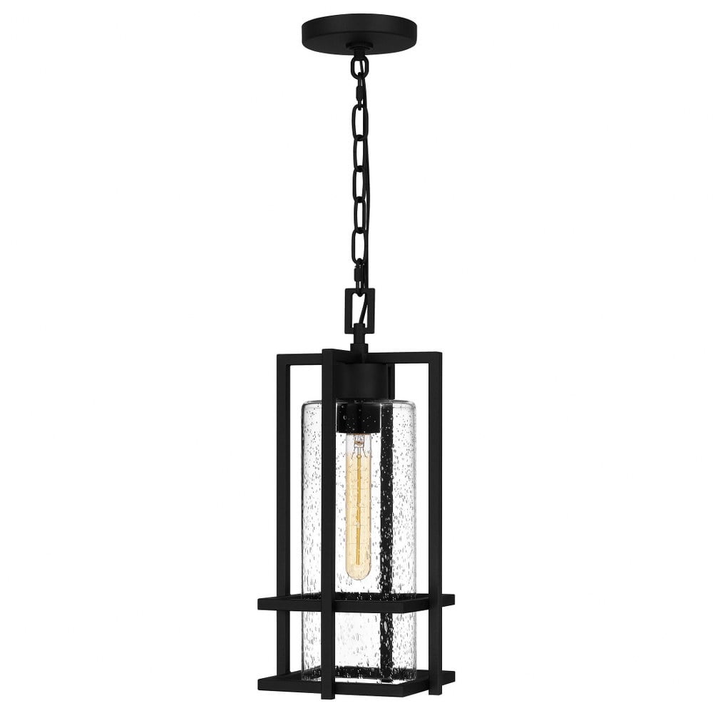 Damien Black Aluminum Outdoor Hanging Lantern with Seeded Glass