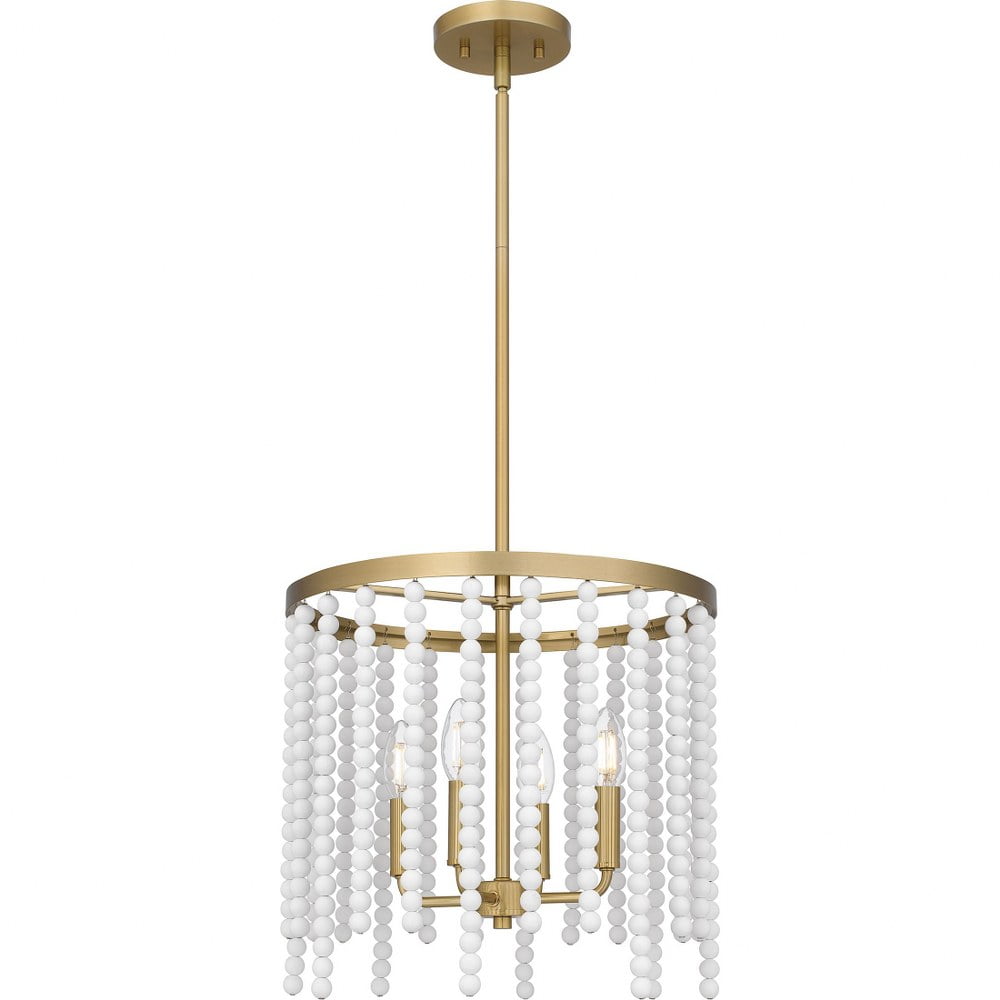 Aged Brass Drum Pendant Light with White Beads
