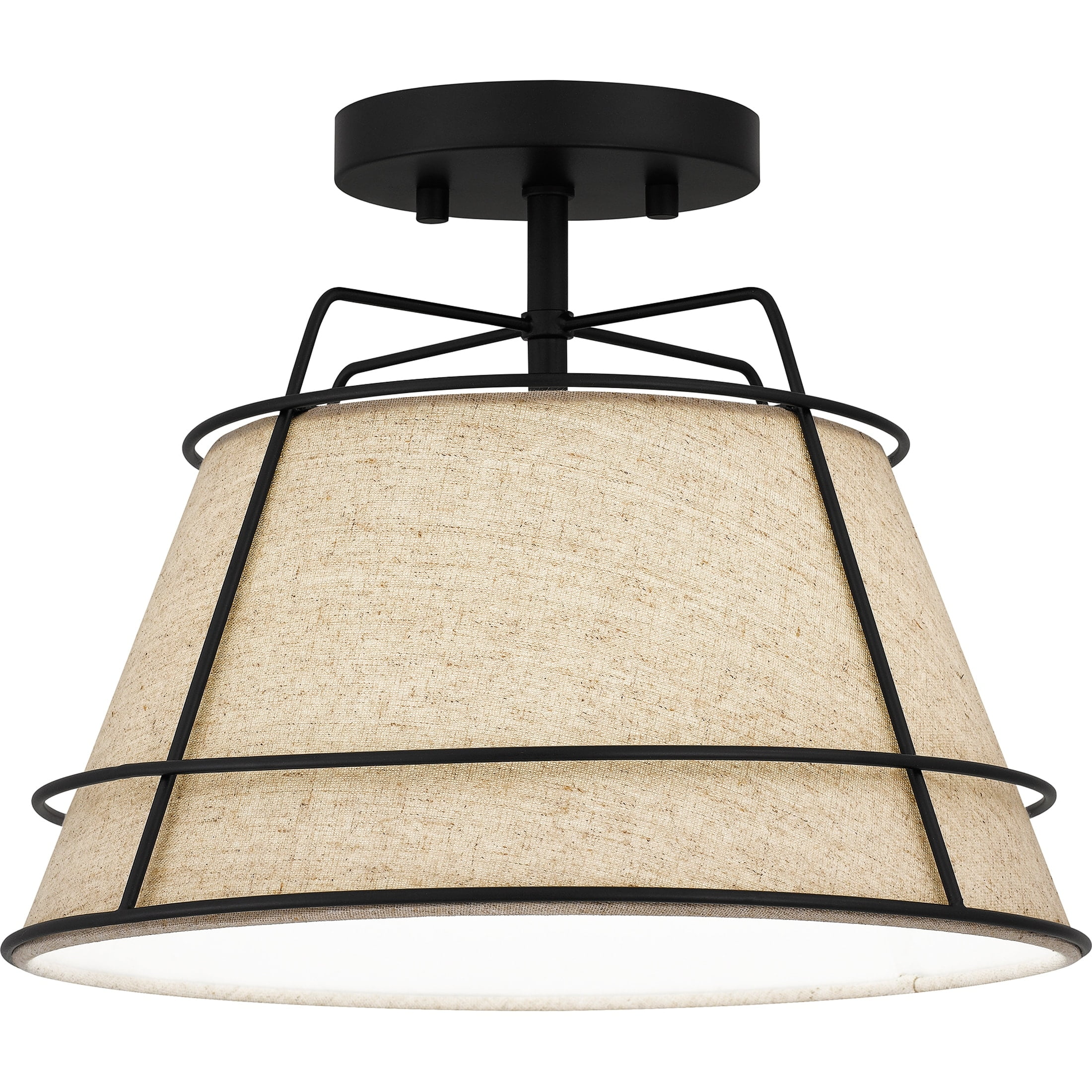 Matte Black and Linen Drum Semi-Flush Mount Light
