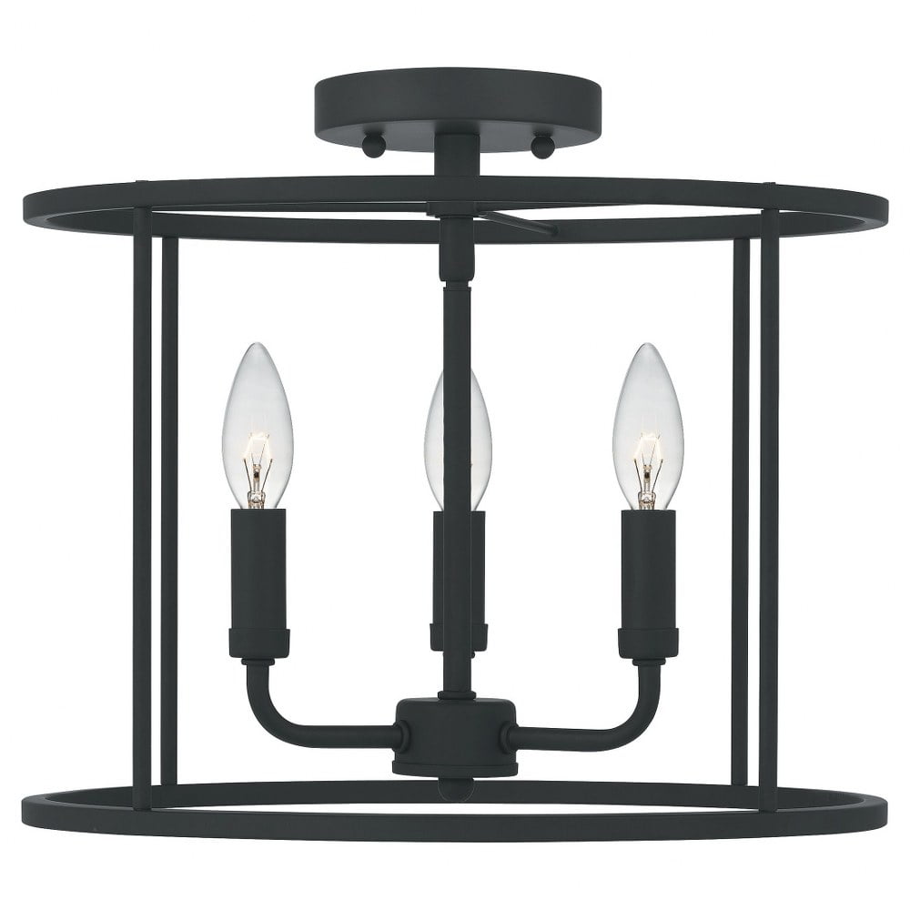 Abner Matte Black 14" Transitional Semi-Flush Mount with Hammered Glass