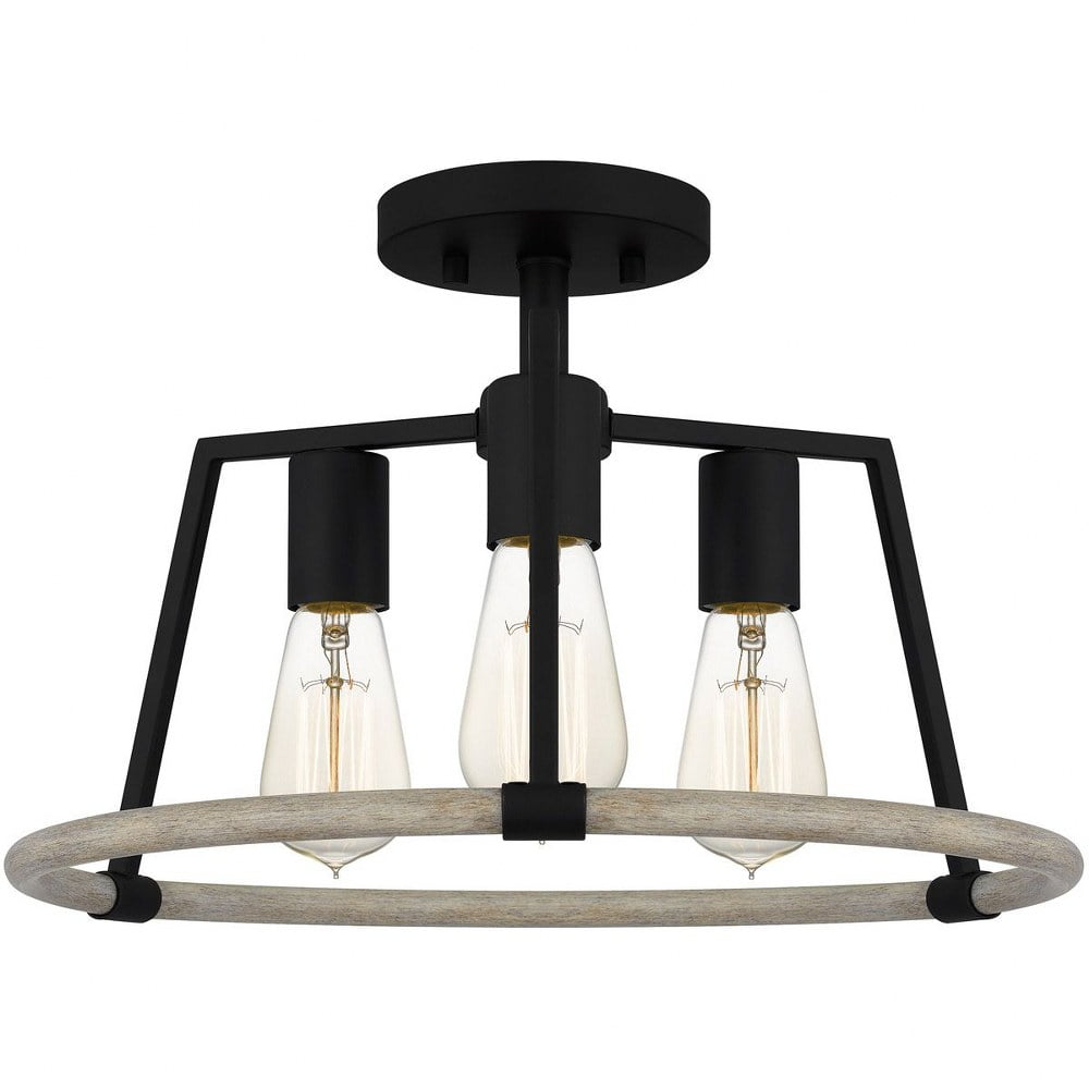 Matte Black and Wood 3-Light Semi-Flush Mount Ceiling Fixture