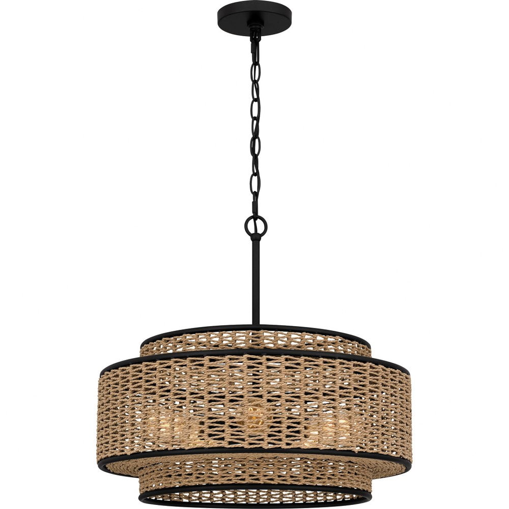 Matte Black and Natural Rope Drum Pendant Light, 5-Light