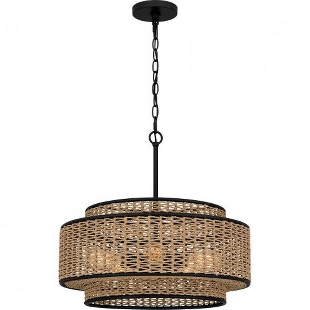 Matte Black and Natural Rope Drum Pendant Light, 5-Light