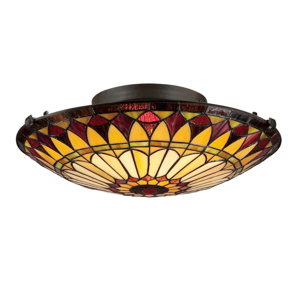 Vintage Bronze Tiffany 17" Flush Mount Art Glass Light