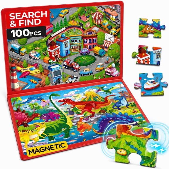 Quokka 100 PCS Magnetic Puzzle Book for Kids 3-5 – 2 Puzzles & 2 Spot The Difference Maps - Dinos & City Cars