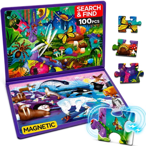 Quokka 100 PCS Magnetic Puzzle Book for Kids 3-5 – 2 Puzzles & 2 Spot The Difference Maps – Search and Find - Bugs & Polar Animals