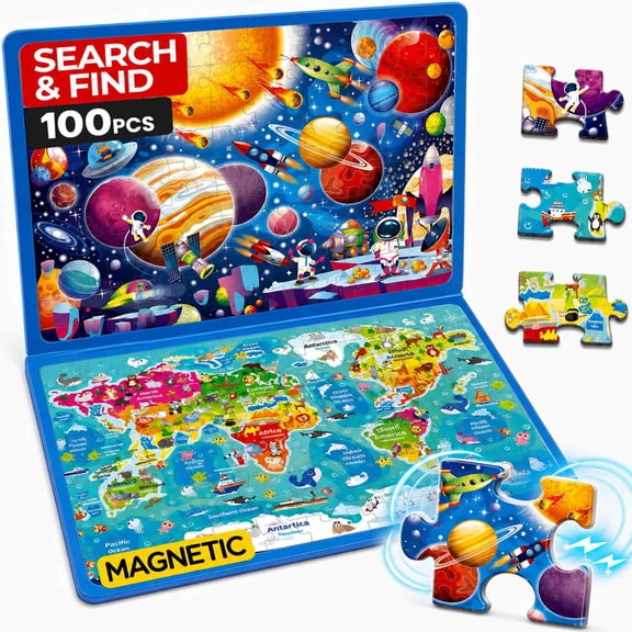 Quokka 100 PCS Magnetic Puzzle Book for Kids 3-5 – 2 Puzzles & 2 Spot The Difference Maps – Search and Find - Space & World Maps