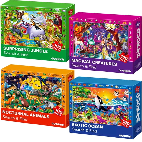 Quokka 100 Piece Puzzles for Kids – 4 Set Search and Find Educational Jigsaw Puzzles with Nocturnal Animals for Ages 5-8