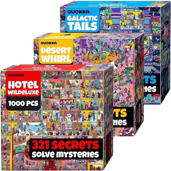 Quokka 1000 Piece Jigsaw Puzzle for Adults Set of 3 Puzzles for Adults 1000 Pieces Premium Box Packaging - Desert Whirl, Galactic Tails, Hotel Wildeluxe