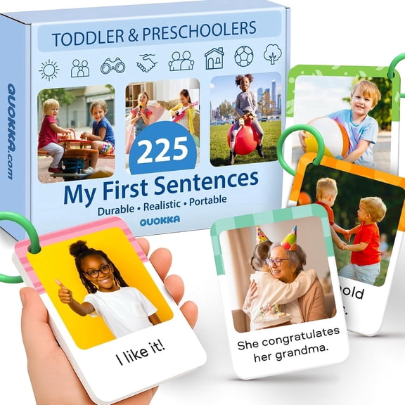 Quokka 225 Toddler First Sentence Flash Cards with Rings – Realistic Learning Cards for Ages 1–3 - Portable Montessori Flashcards