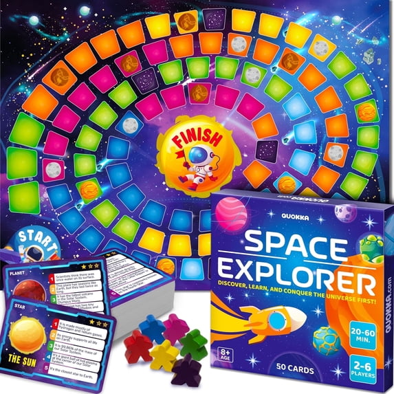 Quokka Space Trivia Game for Kids 8+ with 50 facts and galaxy board