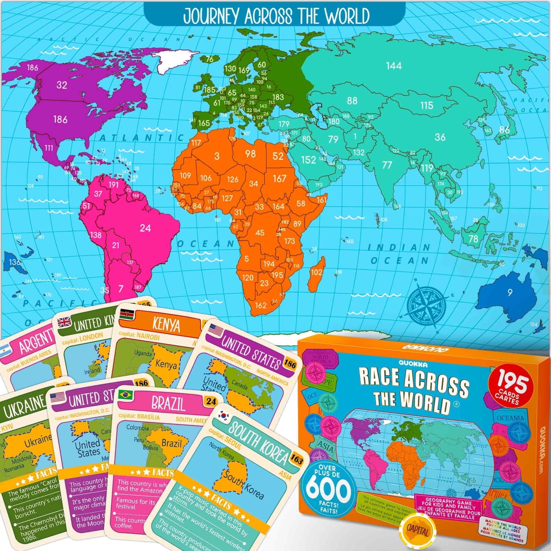 Quokka Board Games for Kids Ages 8-12 - World Game for Adults with 95 World Map Cards - Journey Across The World Card Game