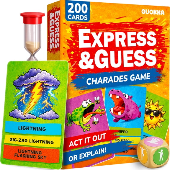 Quokka Express & Guess Charades for Kids Ages 6+ 200 Acting & Explaining Cards with Timer, Chaos Die – Fun Family Party Game for Game Night & Travel