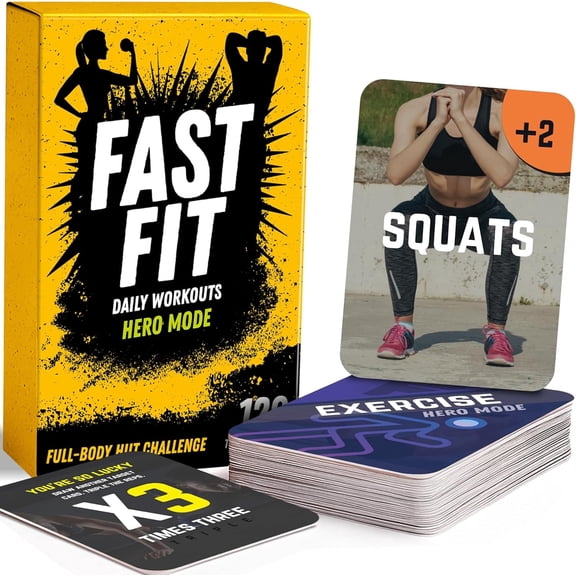 Fast Fit Hero Mode Workout Cards — 120 Tear Resistant HIIT Fitness Deck; Full Body Training Exercises for Any Space and Time
