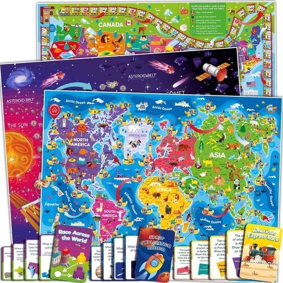 Quokka Learning Board Games for Kids 6-8 - Educational Trivia Cards Ages 8-12 - 3X Set World USA Map & Space