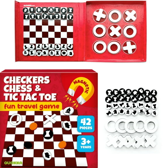 Quokka Travel Games for Kids Ages 4-8 - 3 in 1 Chess & Checkers & TicTacToe Road Trip Game