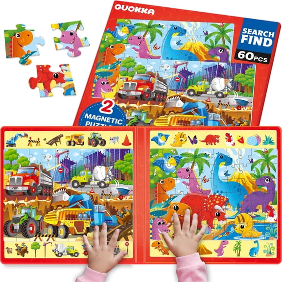 Quokka Magnetic Puzzle 2x60 Pcs Puzzles for Kids - Construction & Dino - Travel Friendly Board with Hidden Objects