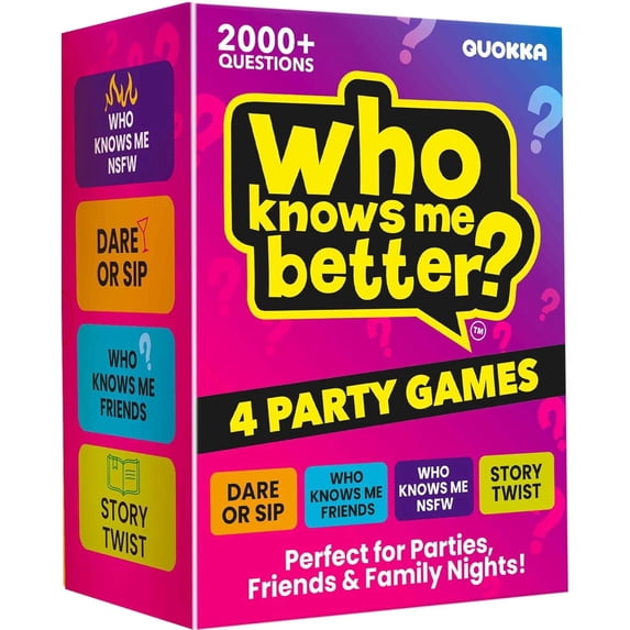 Quokka Party Games Set – Who Knows Me Better Collection with 4 Game in 1 Box – 2000+ Questions – Card Games for Adults and Teens – Board Game for Family Night, Friends & Couples Ages 15+