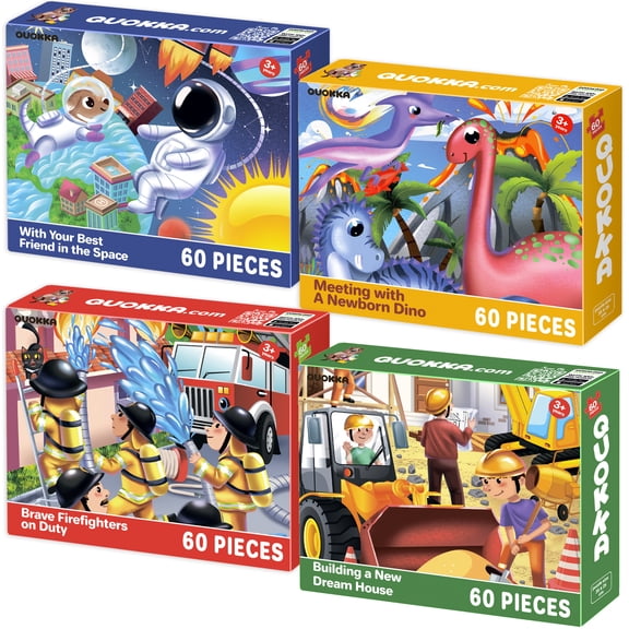 Quokka Puzzles for Kids Ages 3 6 – Set of 4, 60 Piece Puzzles with Space, Firefighters & Dinosaurs