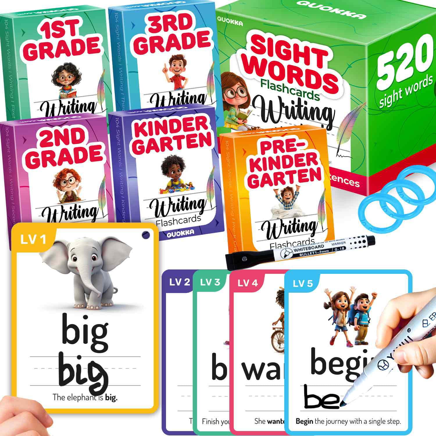Quokka Sight Words Flash Cards 260 Dry Erase Cards for Kids, Color-Coded Preschool Learning Set