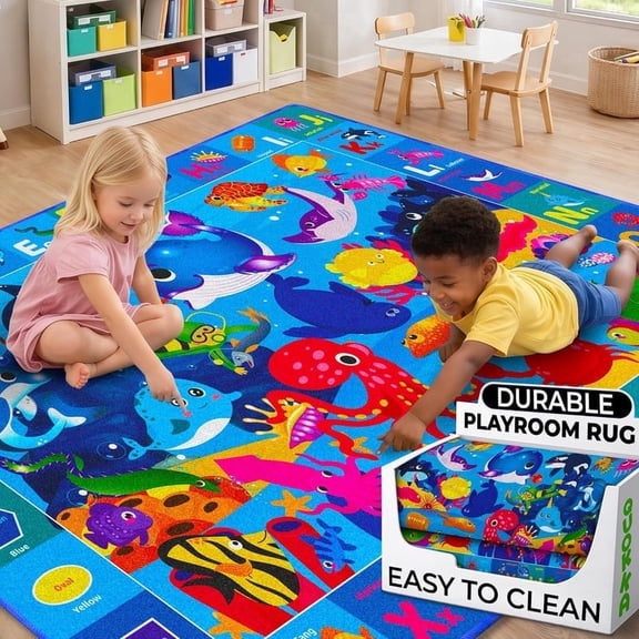 Quokka Small Classroom Ocean Rug for Kids - 60x41 ABC Rugs for Playroom - Bedroom Alphabet Learning Area Rug - Ocean Toddler Rugs