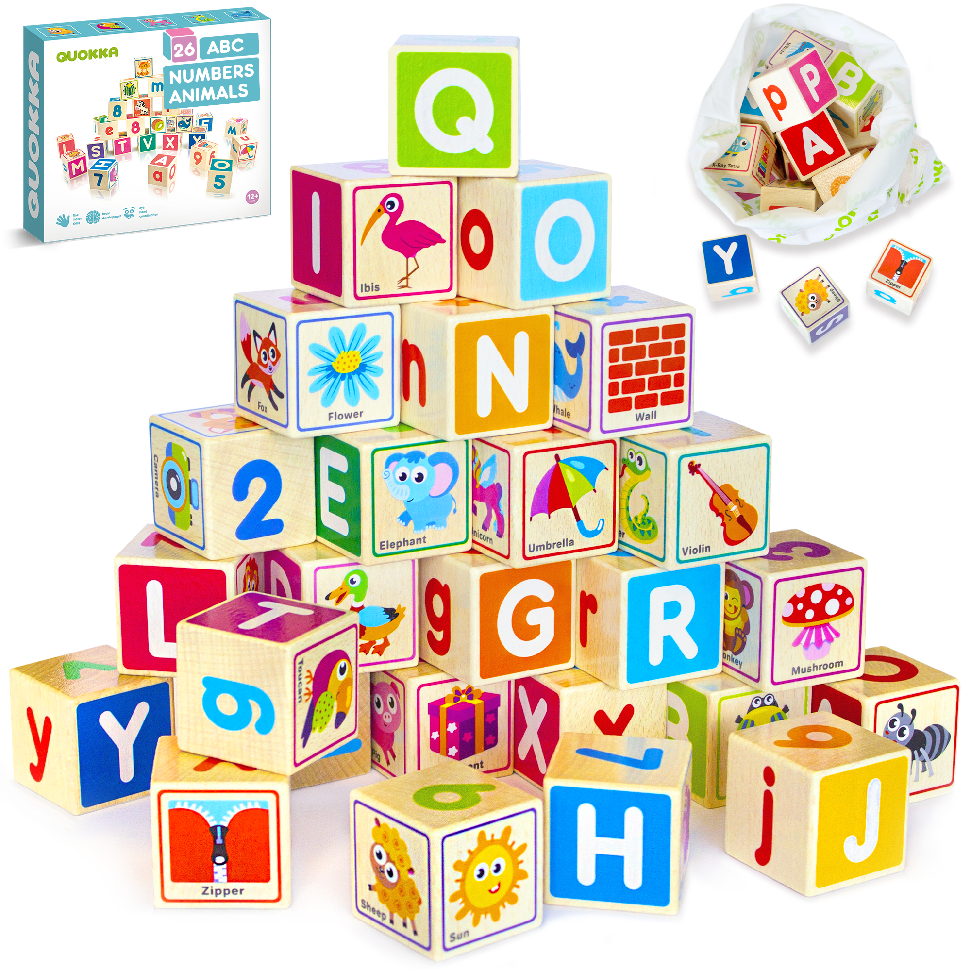 Quokka Wooden ABC Letters Blocks for Toddlers Ages 1 2 3 4 - Preschool Montessori Learning Toys & Games