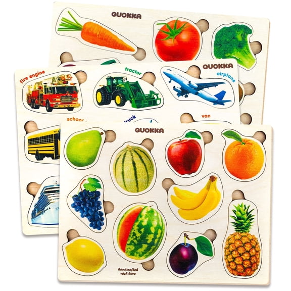 Quokka Wooden Puzzles for Toddlers 1 3 - Set Fruits, Cars, Vegetables - Kids Learning Toys 2 4 years