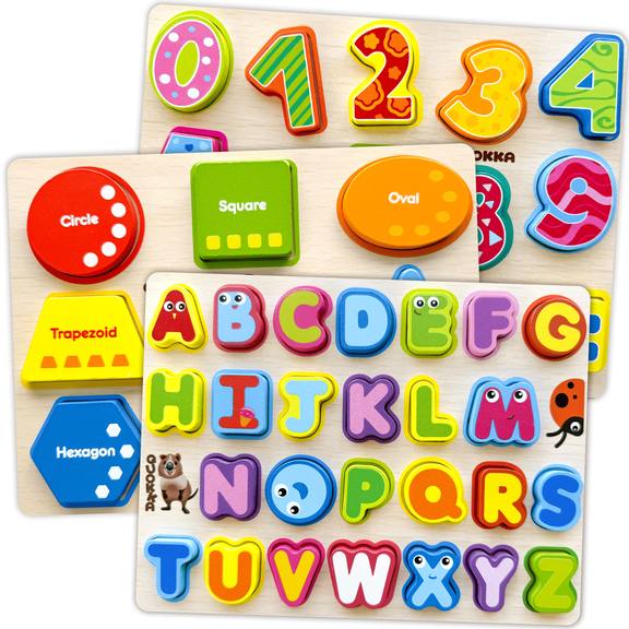 Quokka Wooden Puzzles for Toddlers 2-4 - Numbers, Shapes & Alphabet Puzzle Kids Learning Toys 3-5