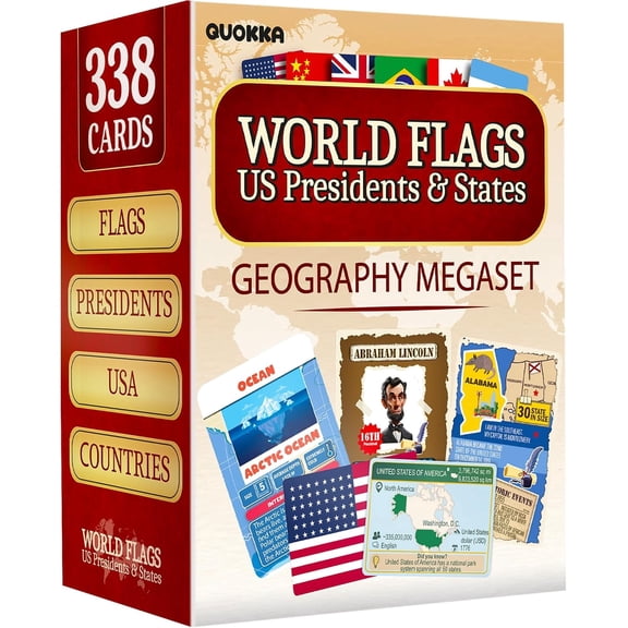Quokka World Flags, US Presidents & States Flash Cards – 338 Geography Trivia Cards for Kids 10+, Teens, Adults & Families