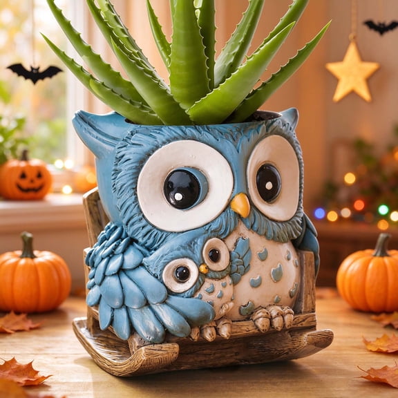 Quoowiit 4.9" x 5.1" x 4.5" Resin Blue Owl Rocking Chair Plant Pot with Drainage Holes